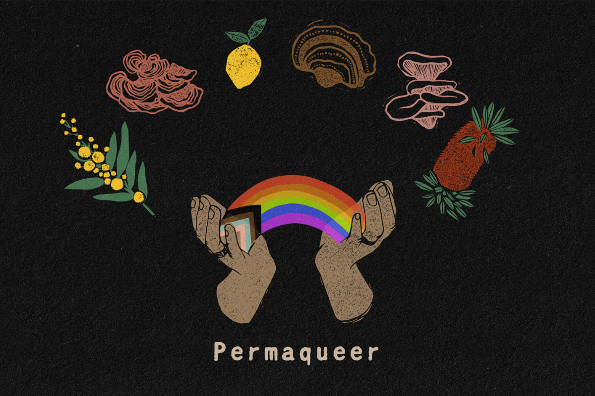 Illustration of hands holding a rainbow, surrounded by plants and fungi, with Permaqueer text.